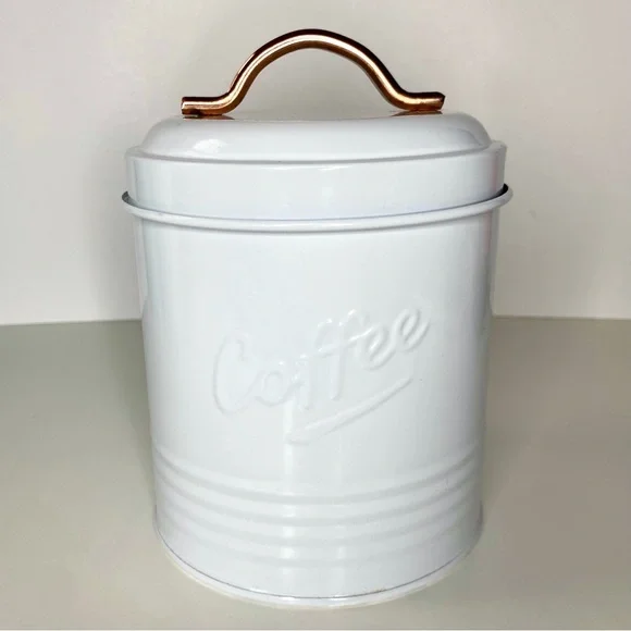 LAST CHANCE SALE!Robely Farmhouse Coffee Tin Canister Lid White Copper Handle - Picture 2 of 11
